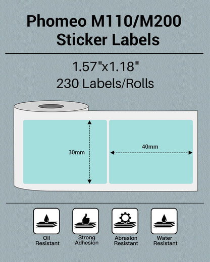 Phomemo Sticker Label M110/M221/M220/M120/M200/M110S Thermal Label- Black on Green 1.57''x1.18''(40x30mm) for Small Business, Home, Office, 230 Labels/Roll