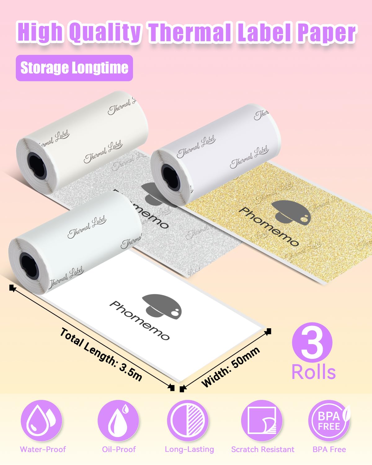 Phomemo Thermal Sticker Paper, Colorful Self-Adhesive Printer Paper Compatible With Phomemo M02/M02S/T02/M832, White/Transparent Gold Glitter/Transparent White Glitter, 50mm x 3.5m, 3 Rolls