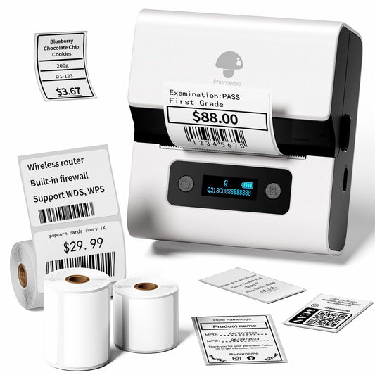 Phoemo M221 Juego de Etiquetadora port¨¢til Bluetooth, impresoras de Etiquetas, Impresora Etiquetas Bluetooth t¨¦rmica con 3 Rollos Etiquetas,Adecuado para Comercio minorista,Empresas, oficinas(Blanco)