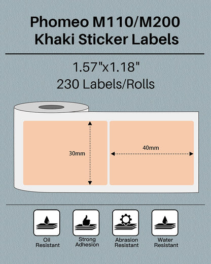 Phomemo Sticker Label M110/M221/M220/M120/M200/M110S Thermal Label- Black on Khaki 1.57''x1.18''(40x30mm) for Small Business, Home, Office, 230 Labels/Roll