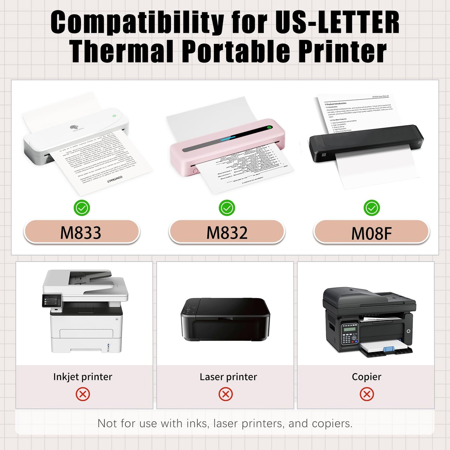 Phomemo US Letter Thermal Paper, M832 Thermal Printer Paper Compatible with M08F-Letter M832 M833 M834 M835 & Brother Letter Portable Printer,Advanced Thermal Printing, size 8.5''¡Á11'',100 Sheets