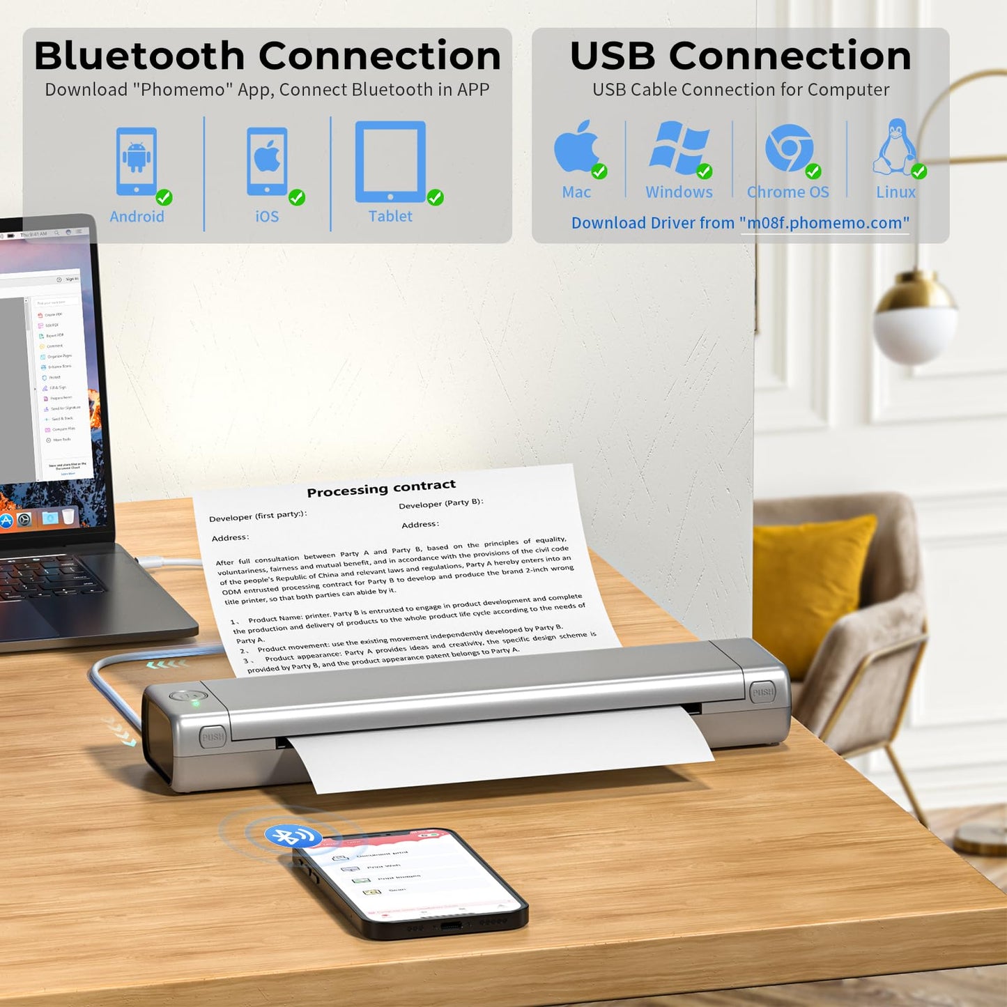 Phomemo Portable Printers Wireless for Travel, M08F Thermal Printer Bluetooth Thermal Printer Compatible with Smartphone & PC, Inkless Mobile Printer for Home Use, Office, Vehicle, School