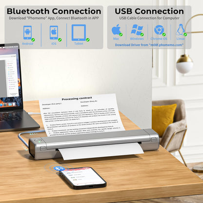 Phomemo Portable Printers Wireless for Travel, M08F Thermal Printer Bluetooth Thermal Printer Compatible with Smartphone & PC, Inkless Mobile Printer for Home Use, Office, Vehicle, School