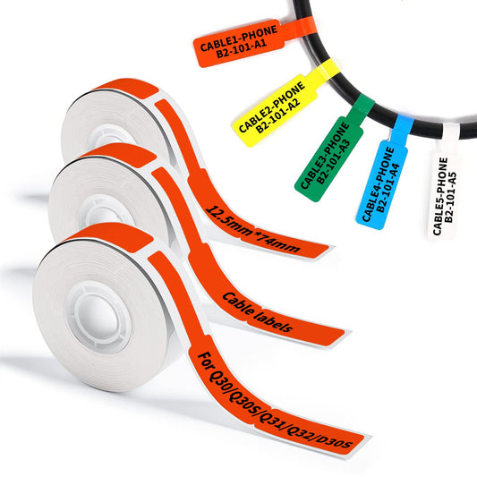 Phomemo Q30 Q30S Q31 Q32 D30 D30S D35 Red Cable Labels Colorful Waterproof Wire Cord Labels, (12.5mm X 74mm) 65 Labels/Roll, Tags Stickers Tear Resistant Flexible, Phomemo Label Tape, 3 Roll