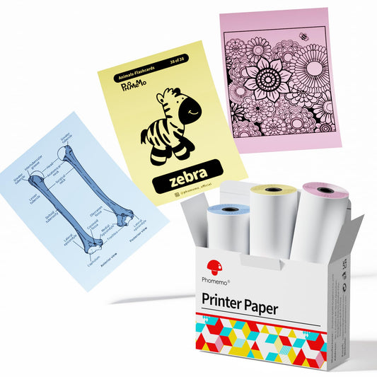Phomemo Colorful Thermal Paper for Phomemo M02/M02 Pro/M02S/M03 Pocket Printer, Black Character on Yellow/Blue/Pink, Non-adhesive, 53mm x 6.5m, Diameter 30mm, 3 Rolls