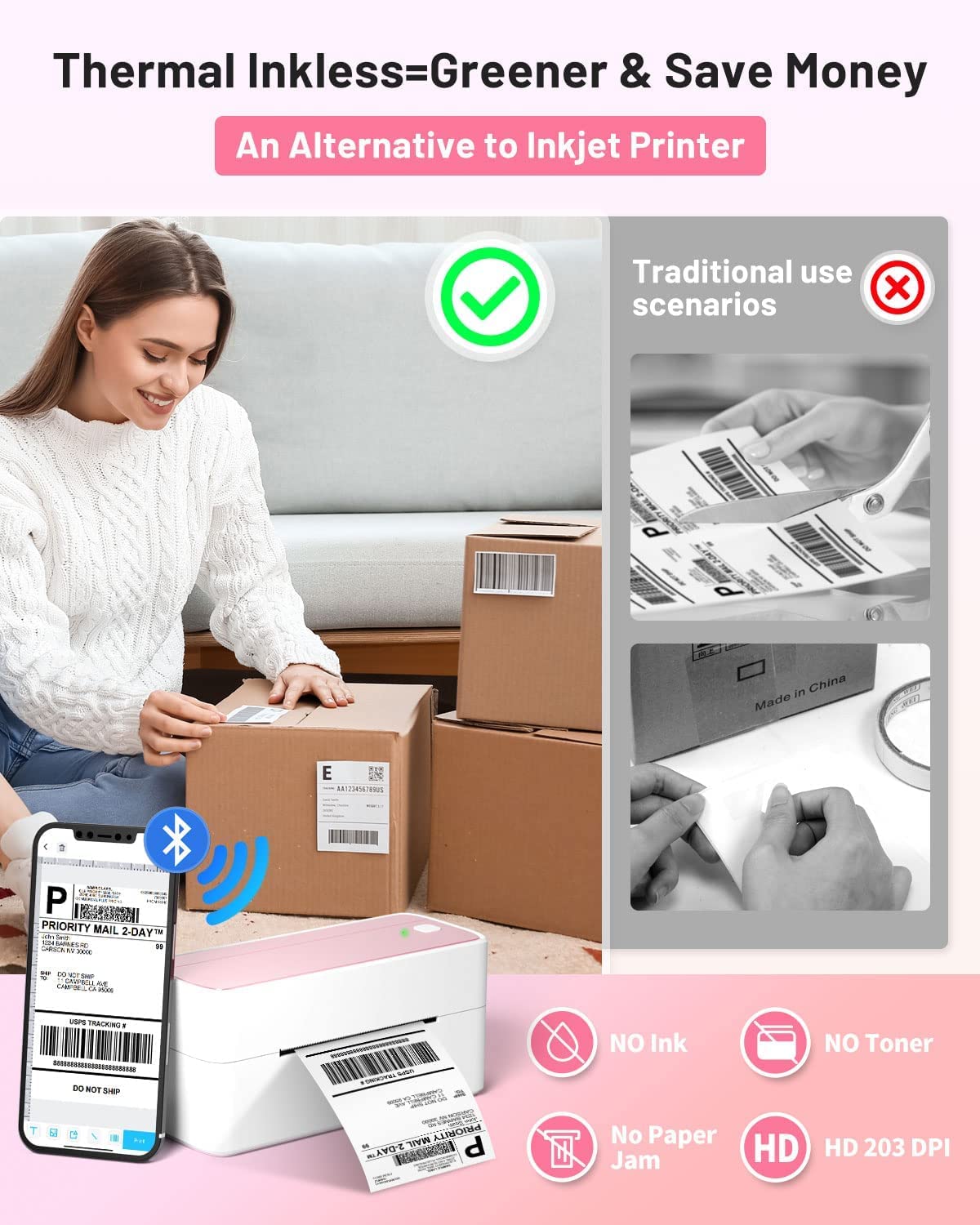 Phomemo 241BT Bluetooth Label Printer, 4x6 DHL Thermal Printer, Corporate Adhesive Label Printers, UPS, Amazon, DHL, Shopify, Ebay - Pink