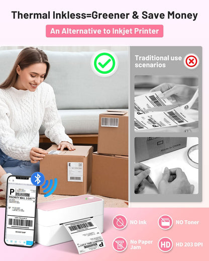 Phomemo 241BT Bluetooth Label Printer, 4x6 DHL Thermal Printer, Corporate Adhesive Label Printers, UPS, Amazon, DHL, Shopify, Ebay - Pink