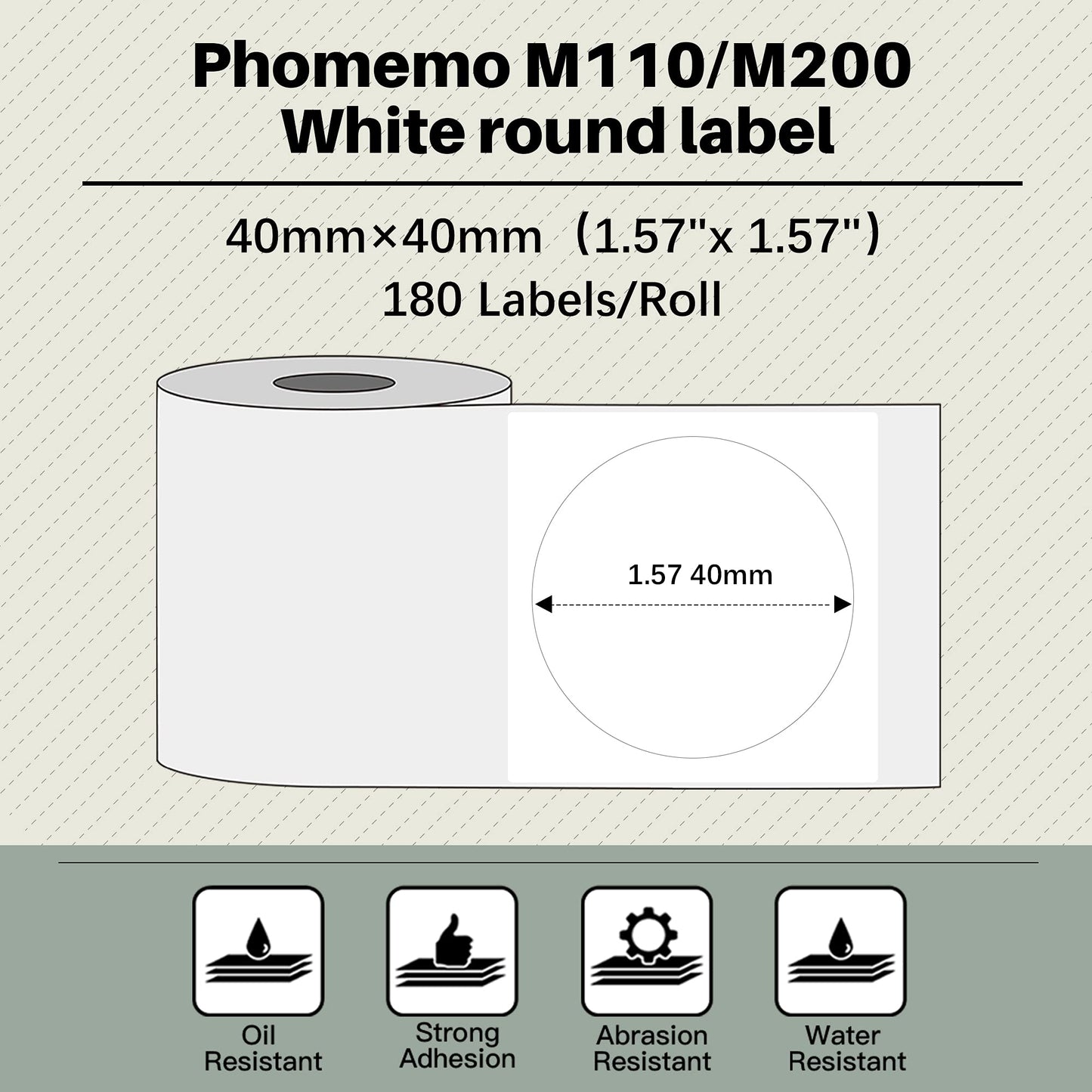 Phomemo Round Label M110 Label,Thermal Multi-Purpose Self-Adhesive Round Label,1.57'' x 1.57''(40x40 mm) for Phommeo M110 M200 M120 M220 M221 Label Maker,DIY Label,180 Labes/Rolls,Round Label