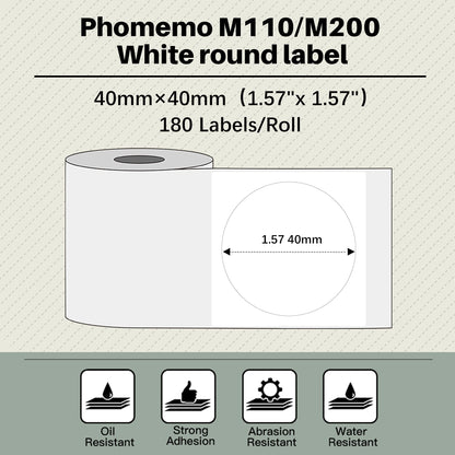Phomemo Round Label M110 Label,Thermal Multi-Purpose Self-Adhesive Round Label,1.57'' x 1.57''(40x40 mm) for Phommeo M110 M200 M120 M220 M221 Label Maker,DIY Label,180 Labes/Rolls,Round Label