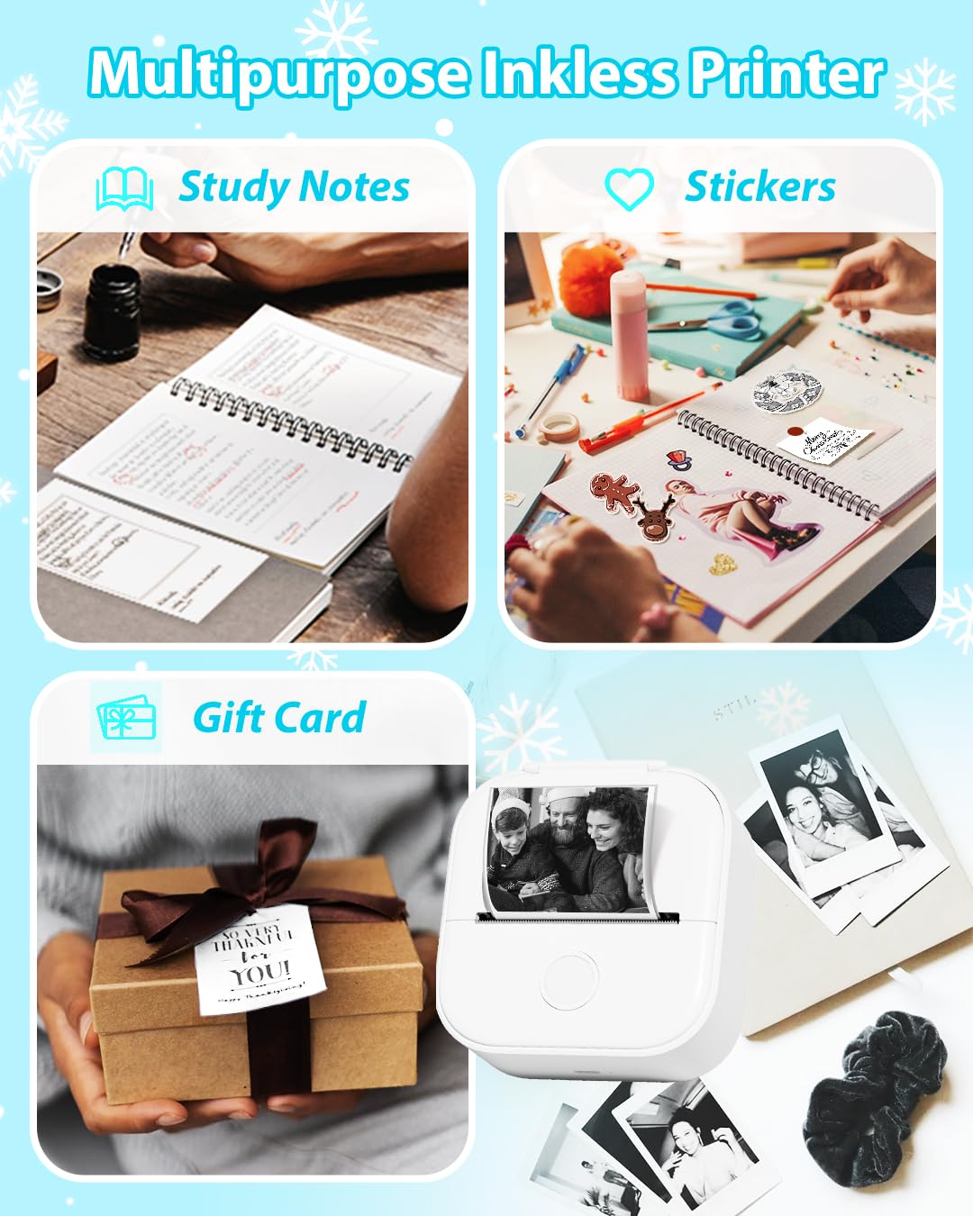 Phomemo T02 Sticker Printer- Inkless Printer Mini Printer Sticker Maker Bluetooth Thermal Pocket Printer for Study Notes, Stickers, Photos, DIY Printing, with 3 Rolls Paper, White
