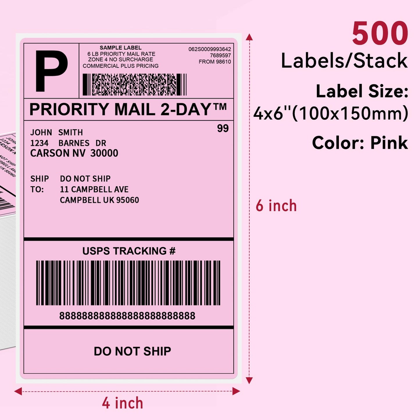 Phomemo 4x6‘' 500 Étiquettes/pile, Étiquettes d'expédition roses Compatibles avec les imprimantes d'étiquettes MUNBYN, Phomemo, Étiquettes thermiques sans BPA Autocollantes -100 x 150mm