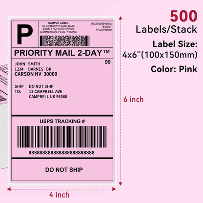 Phomemo 4x6‘' 500 Étiquettes/pile, Étiquettes d'expédition roses Compatibles avec les imprimantes d'étiquettes MUNBYN, Phomemo, Étiquettes thermiques sans BPA Autocollantes -100 x 150mm