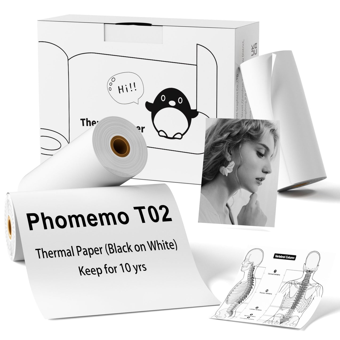 Phomemo T02 White Non-Adhesive Thermal Paper, Non-Sticky Printer Paper for T02/M02XMini Printer, 2.08'' x 21.3' / Roll, Black Text, Keep for 10 Years, Compatible with T02/M02X/M02L, 3 Rolls