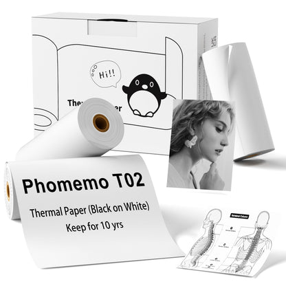 Phomemo T02 White Non-Adhesive Thermal Paper, Non-Sticky Printer Paper for T02/M02XMini Printer, 2.08'' x 21.3' / Roll, Black Text, Keep for 10 Years, Compatible with T02/M02X/M02L, 3 Rolls