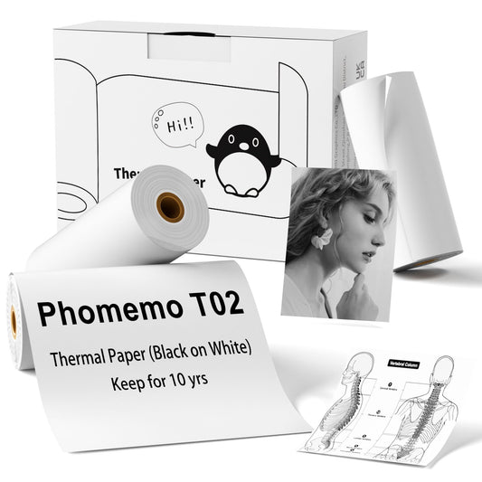 Phomemo T02 Thermal White Paper- for M02X/T02 Printer 10 Years Black on White Non-Sticky Paper 53mm x6.5m, 3 Rolls