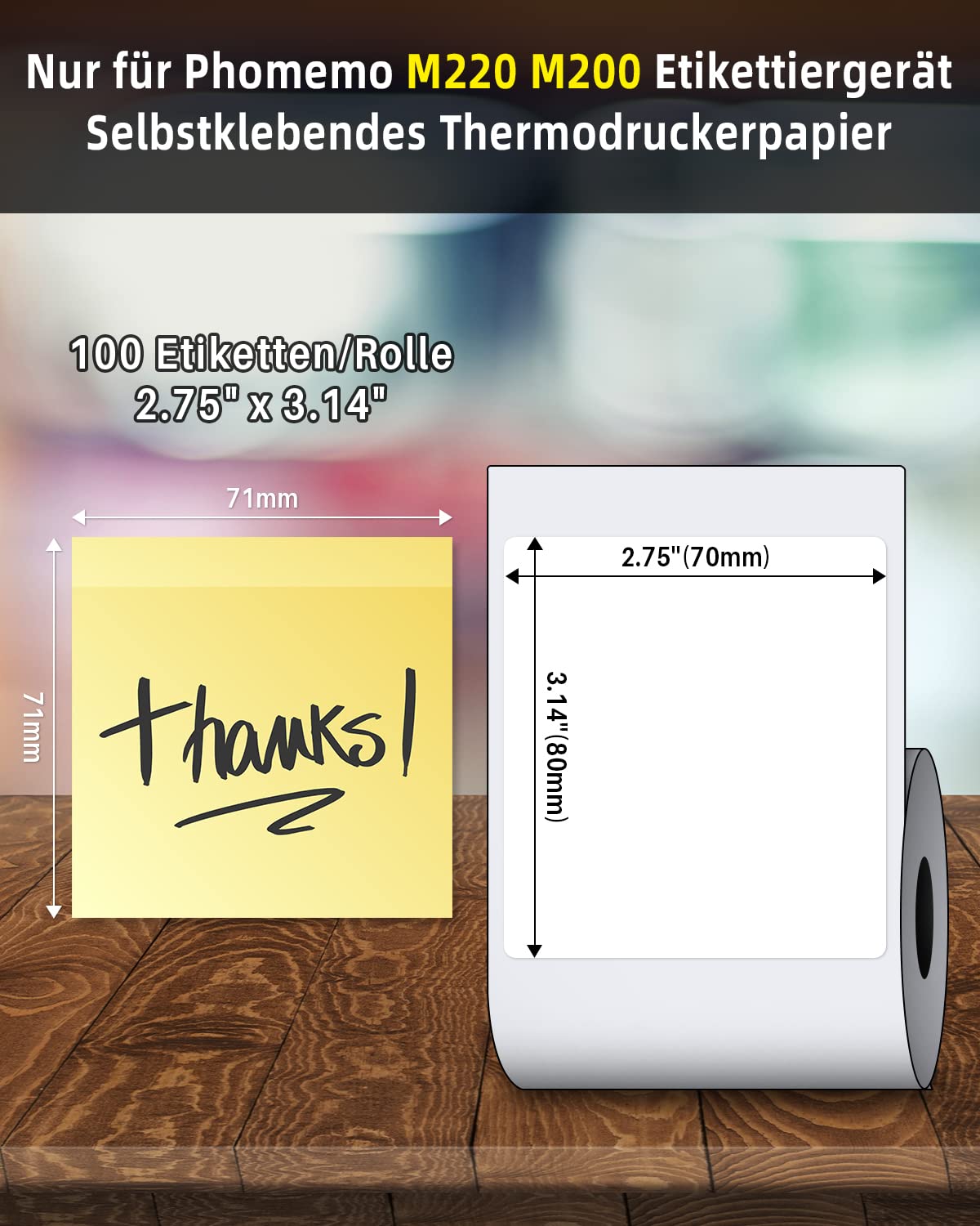 Phomemo Thermoetikettenpapier für M220 M200 M221 Etikettendrucker - Multifunktionales selbstklebendes Etikett, für Büro,Lager,Adressetikett,Transport. 2,75'' x 3,14'' (70 x 80 mm), 100 Etiketten/Rolle