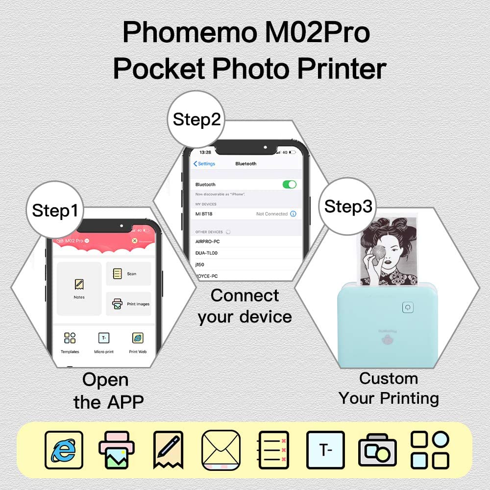 Phomemo Pocket Printer, M02 pro 300DPI Portable Mini Bluetooth Photo Printer,Thermal Sticker Printer, Printable width 53mm/25mm/15mm Compatible with Android&IOS, for Study Note, DIY Painting, Green