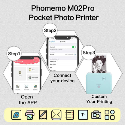 Phomemo Pocket Printer, M02 pro 300DPI Portable Mini Bluetooth Photo Printer,Thermal Sticker Printer, Printable width 53mm/25mm/15mm Compatible with Android&IOS, for Study Note, DIY Painting, Green