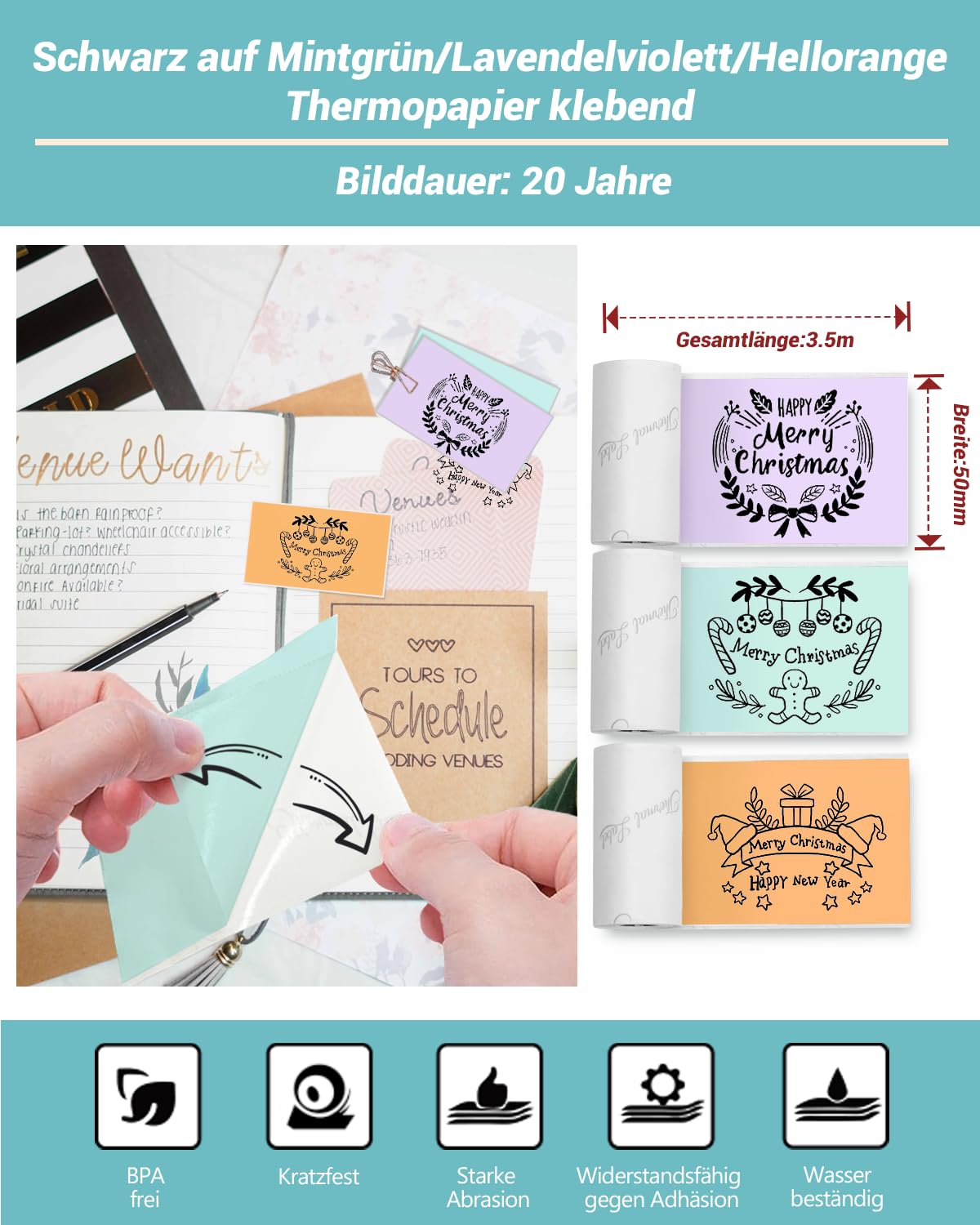 Papier für Sticker Drucker, Drucker Papier für Taschendrucker, Thermopapier für T02/Q02/M02X/M02L, 20 Jahre Klebrig Phomemo Papier, Lila/Grün/Orange Liene Fotodrucker Papier, 3 Rollen 50mm*3.5m
