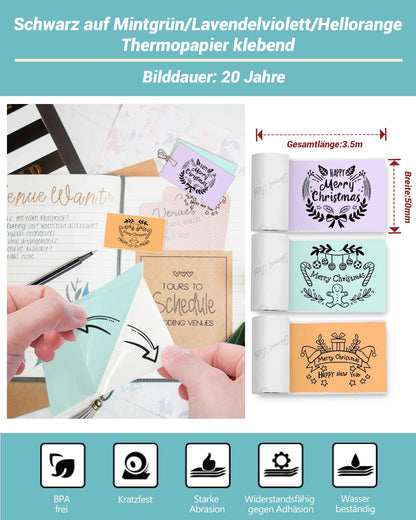 Papier für Sticker Drucker, Drucker Papier für Taschendrucker, Thermopapier für T02/Q02/M02X/M02L, 20 Jahre Klebrig Phomemo Papier, Lila/Grün/Orange Liene Fotodrucker Papier, 3 Rollen 50mm*3.5m