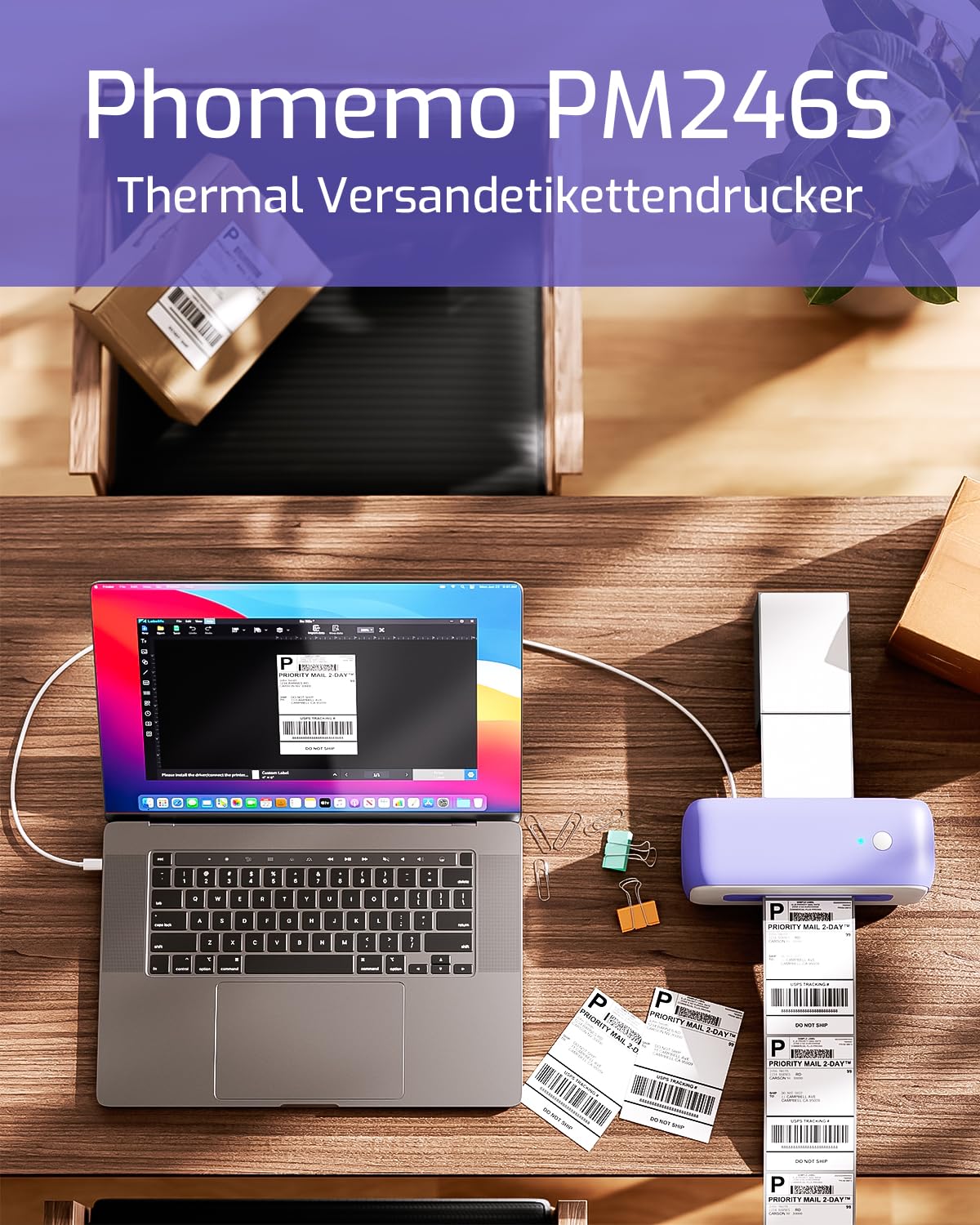 Phomemo Thermo-Etikettendrucker USB,PM246S Versand-Etikettendrucker 4x6,DHL Adress-Etikettendrucker für Kleinunternehmen,Kompatibel mit Amazon,Ebay,Shopify,Etsy,FedEx,UPS(Lila Label Printer