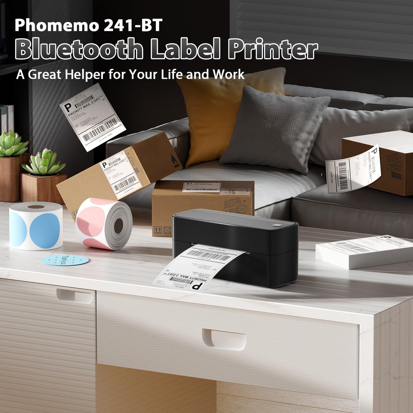 Phomemo 241BT Imprimante d'¨¦tiquettes Bluetooth Imprimante Thermique 4x6, DHL Imprimante d'¨¦tiquettes Autocollante Bluetooth lmprimante Thermique pour Codes-Barres, Amazon, UPS, DHL, Shopify, Ebay