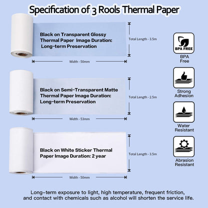 Phomemo White/Semi-Transparent/Transparent Paper - M02/M02Pro/M02S/M03 50-53mm Self-Adhesive Thermal Paper, 3 Rolls