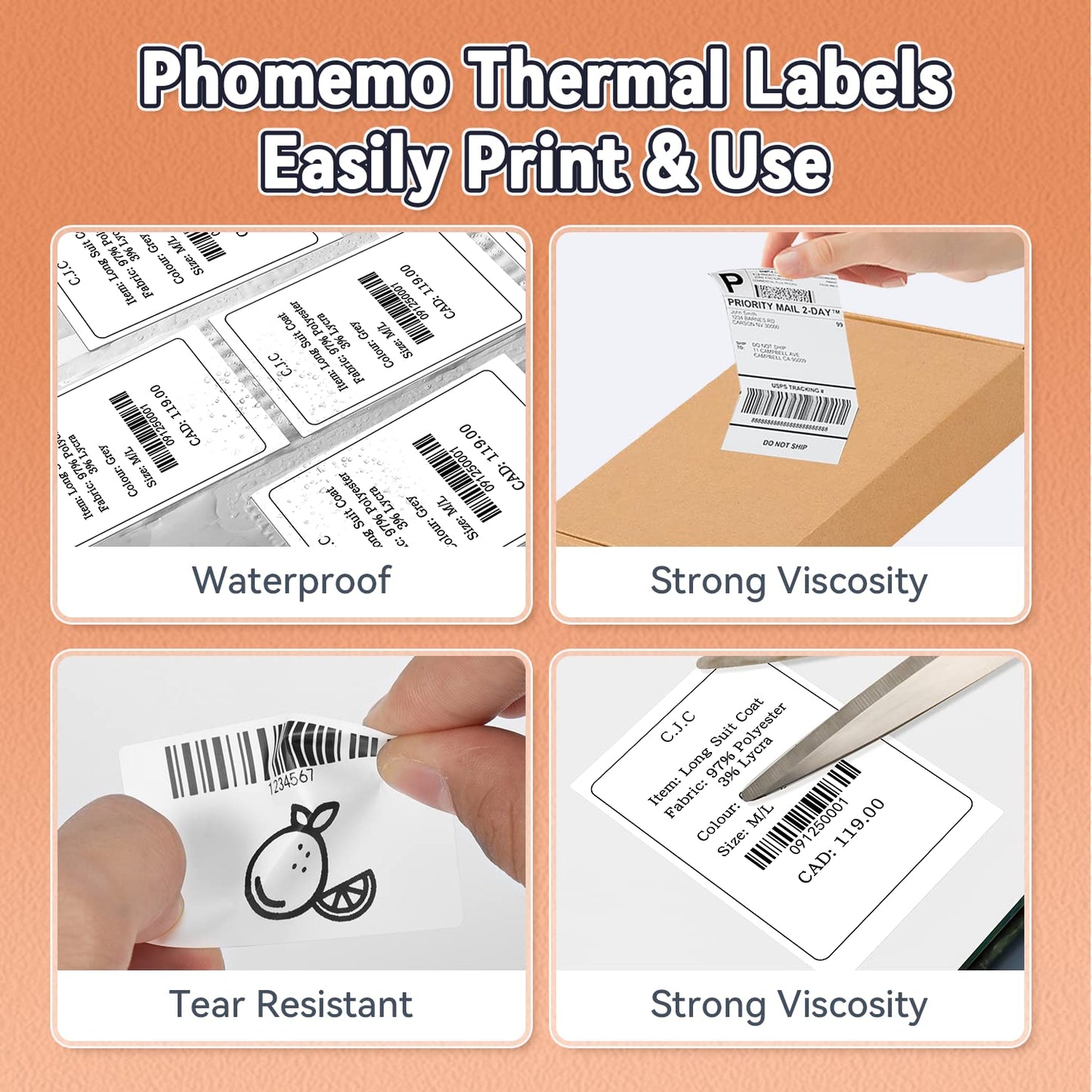 [3x100 pcs] Phomemo Thermal Sticker Label Paper, Multi-Purpose Self-Adhesive Tag for M110, M220, M120, M200, M221 Label Maker Machine, Phomemo Original Labels 1.57''x3.15'' (40x80mm), Black on White