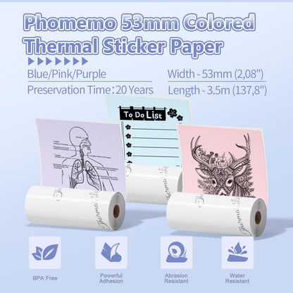 Phomemo 53mm Farbdruckerpapier f¨¹r M02/M02 Pro/M02S/M03/M03AS/M04S/M04AS Mini Taschendrucker, 3 Rollen selbstklebendes Thermo-Farbaufkleberpapier, 50 mm x 3,5 m, 20 Jahre Konservierung, Blau/Rosa/Lila