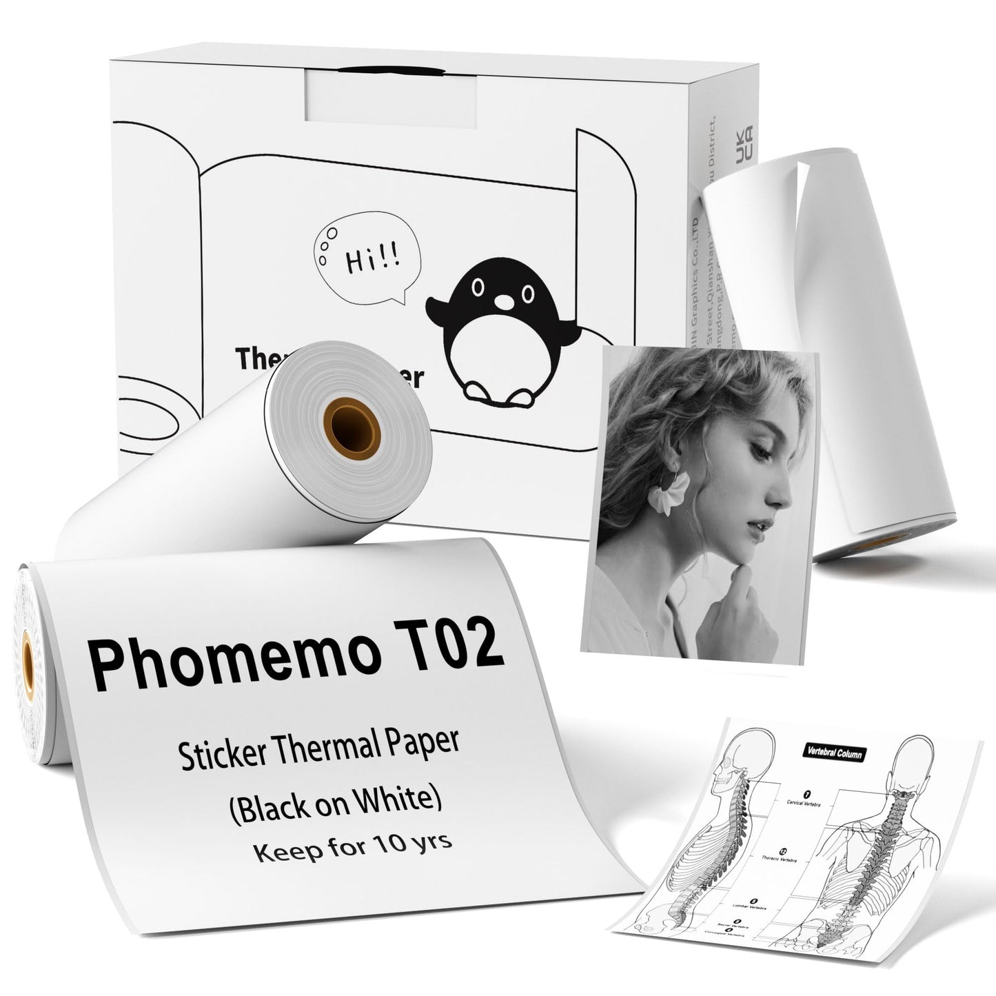 Phomemo T02/M02X/M02L Thermal Sticker Paper- Thermal Paper for Study Notes, Photo, DIY, Stickers, 2 Years Black on White Sticky Paper 50mm x3.5m, 3 Rolls