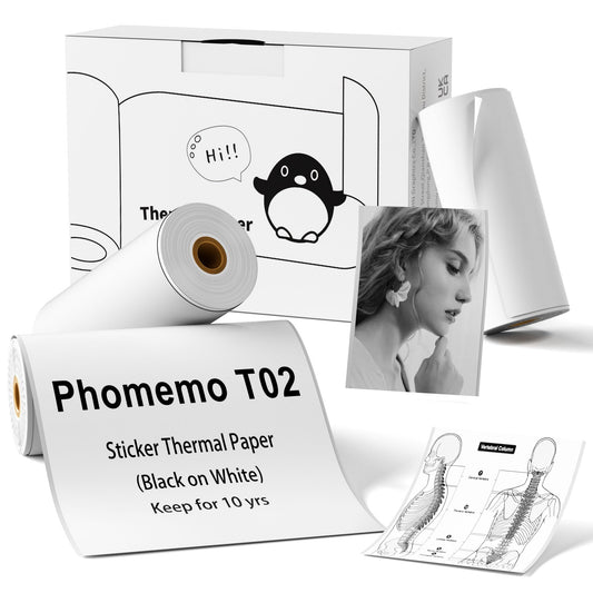 Phomemo T02/M02X/M02L Thermal Sticker Paper- Thermal Paper for Study Notes, Photo, DIY, Stickers, 2 Years Black on White Sticky Paper 50mm x3.5m, 3 Rolls