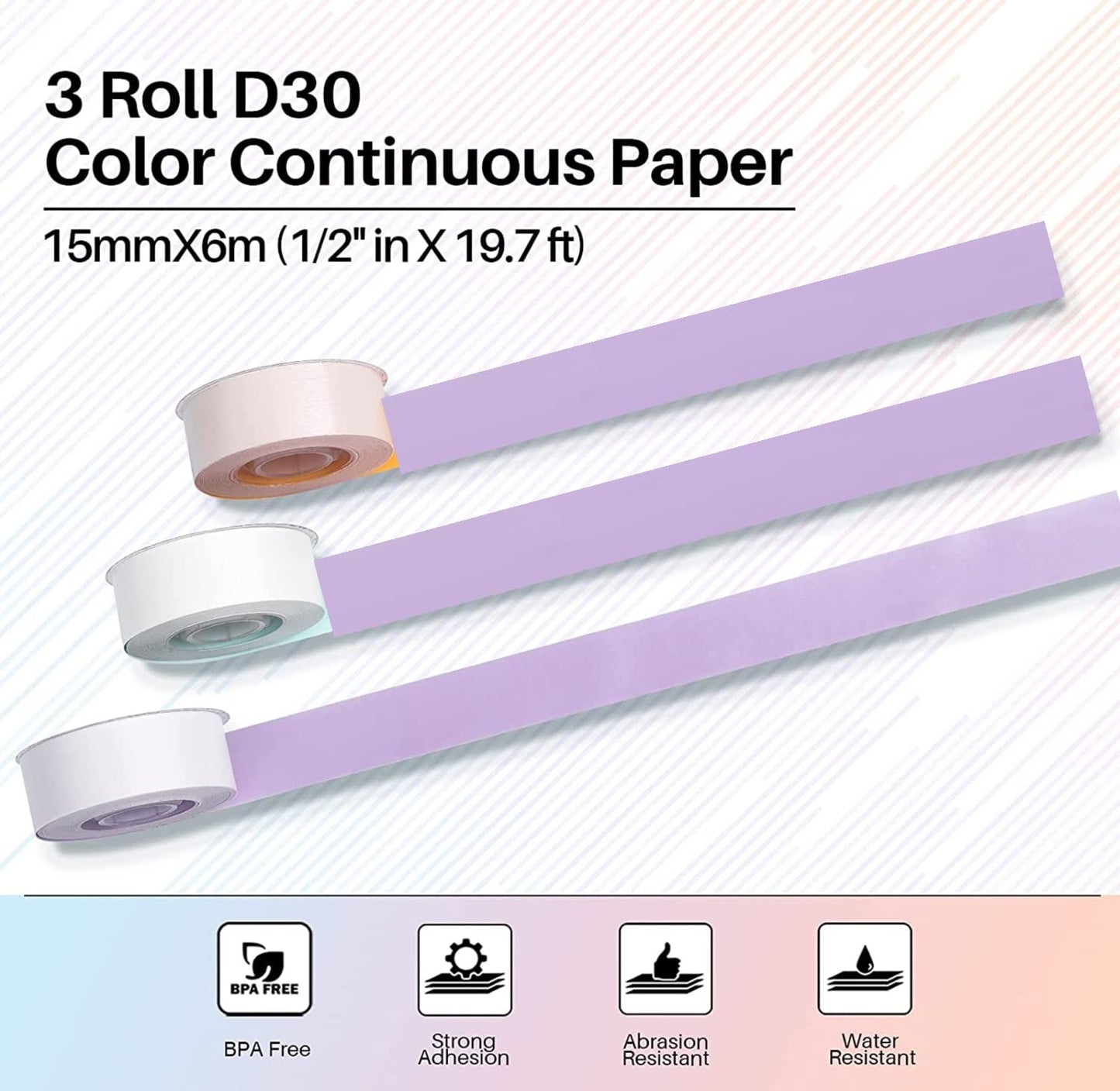 Phomemo 3 Roll D30 Adhesive Continuous Thermal Label Paper 1/2 in X 20 Ft (15mm X 6m) Black on Purple, for Phomemo D30/D35 Label Maker