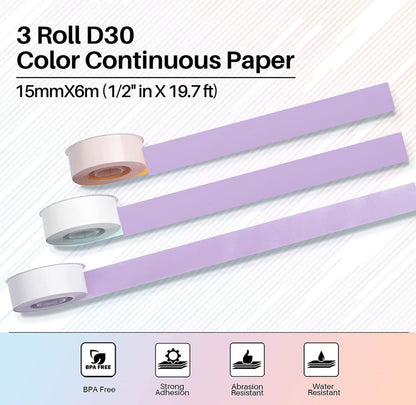 Phomemo 3 Roll D30 Adhesive Continuous Thermal Label Paper 1/2 in X 20 Ft (15mm X 6m) Black on Purple, for Phomemo D30/D35 Label Maker