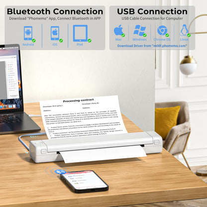 Phomemo Portable Thermal Printer - M08F Bluetooth Inkless Printer Support 8.5'' X 11'' Thermal Paper, Compact Travel Printer Compatible with iPhone, Android & Laptop, Mobile Printer for Study, Work