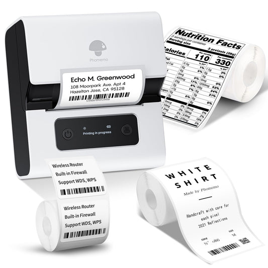 Phomemo New M221 Label Printer, Flagship 3'' Bluetooth Thermal Portable Label Maker - for Address, Barcode, Small Business, Office, Home for Phone, PC/Mac, with 3pack Most Used Labels, Snow White