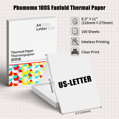 Phomemo US Letter Thermal Paper, M832 Thermal Printer Folding Paper, Compatible with M08F-Letter M832 M833 M834 M835 HRPT MT800 Thermal Paper, 8.5'' x 11'' Size, 100 Sheets