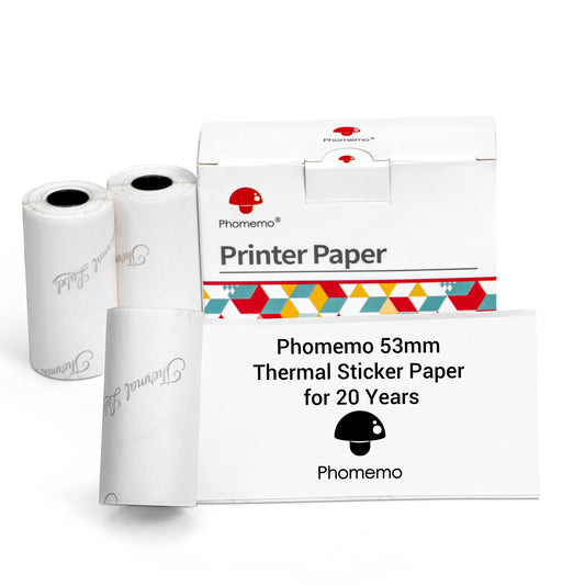 Phomemo Thermisch papier 53 mm voor M02, M02S, M02Pro, M03, M03AS, M04S, M04AS mini-zakprinter, 3 rollen zelfklevend stickerpapier, zwart op wit, 53 mm x 3,5 m, 20 jaar houdbaarheid, 3 rollen
