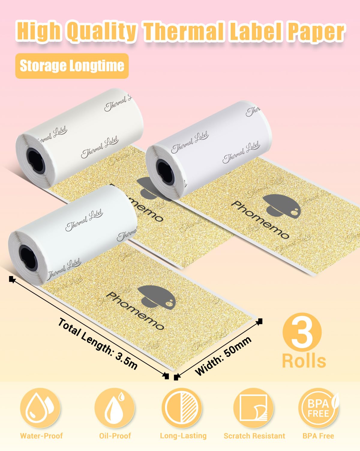 Phomemo Transparent Gold Glitter Self-Adhesive Thermal Sticker Paper, Compatible With Phomemo M02/M02S/T02/M832 Thermal Printer, 50mm x 3.5m, 3 Rolls