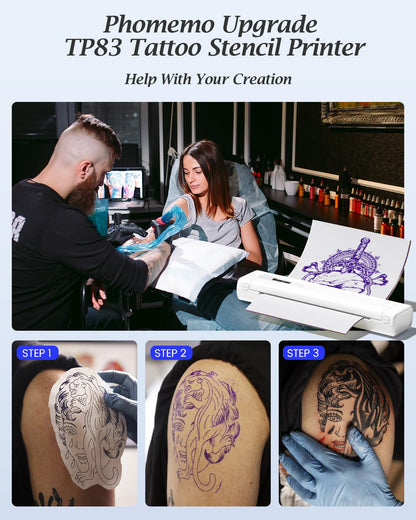 Phomemo TP83 Tattoo Stencil Printer, Upgraded Thermal Tattoo Printer Machine with 10pcs Transfer Paper, Wireless Bluetooth Tattoo Printer for Tattoo Artists & Beginners, Compatible with iPad Phone PC