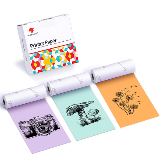 Phomemo 80mm kolorowy papier do drukarki M03, M03AS, M04S, M04AS mini drukarka kieszonkowa, 3 rolki samoprzylepnego papieru kolorowego 80mm x 3,5m, 20 lat konserwacji, liliowy/zielony/pomara¨½czowy
