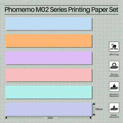 Phomemo Papier f¨¹r T02, M02, M02S, M02PRO, M03, M03AS, M04S, M04AS, 53mm x 3,5m, 6 Rollen, Pink, Blau, Hellviolett, Gr¨¹n, Lila, Orange, Schwarzer Druck
