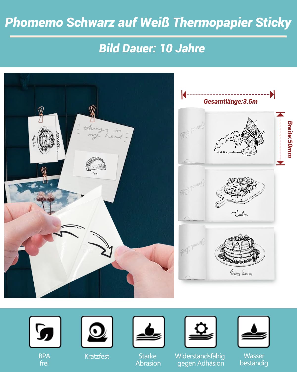 Papier für Sticker Drucker, Drucker Papier für Taschendrucker, Thermopapier für T02/Q02/M02X/M02L, 10 Jahre Klebrig Phomemo Papier, Schwarz auf Weiß Liene Fotodrucker Papier, 3 Rollen 50mm*3.5m