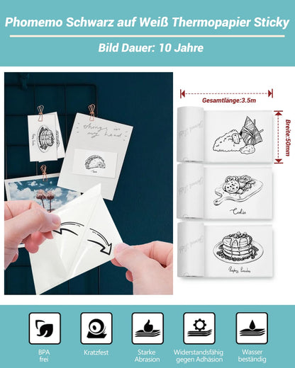 Papier für Sticker Drucker, Drucker Papier für Taschendrucker, Thermopapier für T02/Q02/M02X/M02L, 10 Jahre Klebrig Phomemo Papier, Schwarz auf Weiß Liene Fotodrucker Papier, 3 Rollen 50mm*3.5m