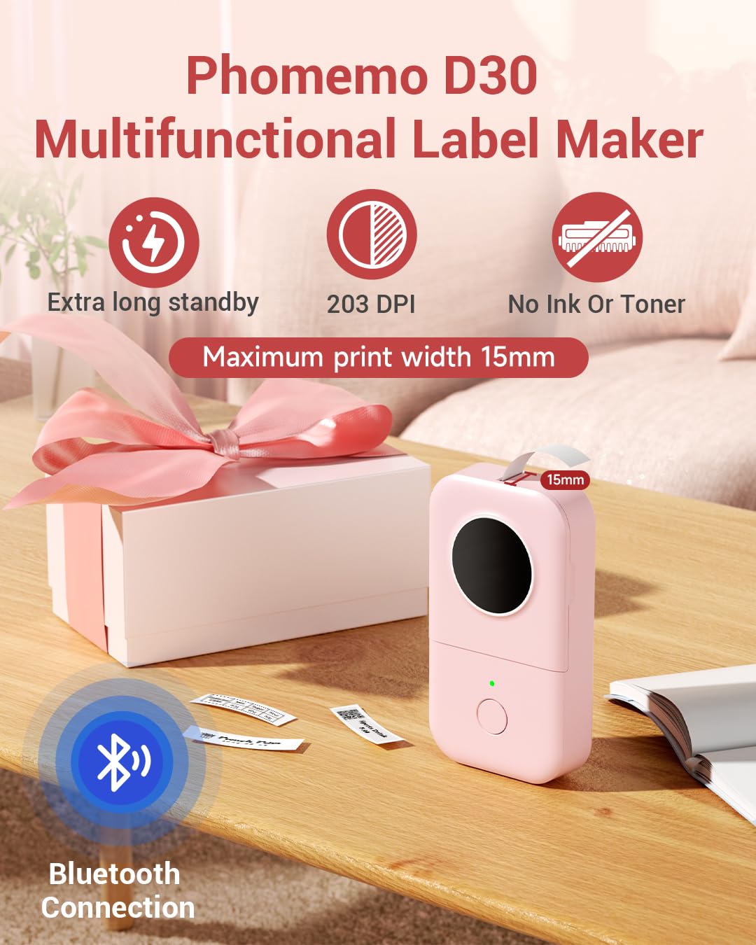 Label Printer-Phomemo D30 Mini Portable Thermal Labeler, Mini Label Makers,Bluetooth Connection,Home Office Organization, Women,Cute School Supplies,USB Rechargeable-Pink