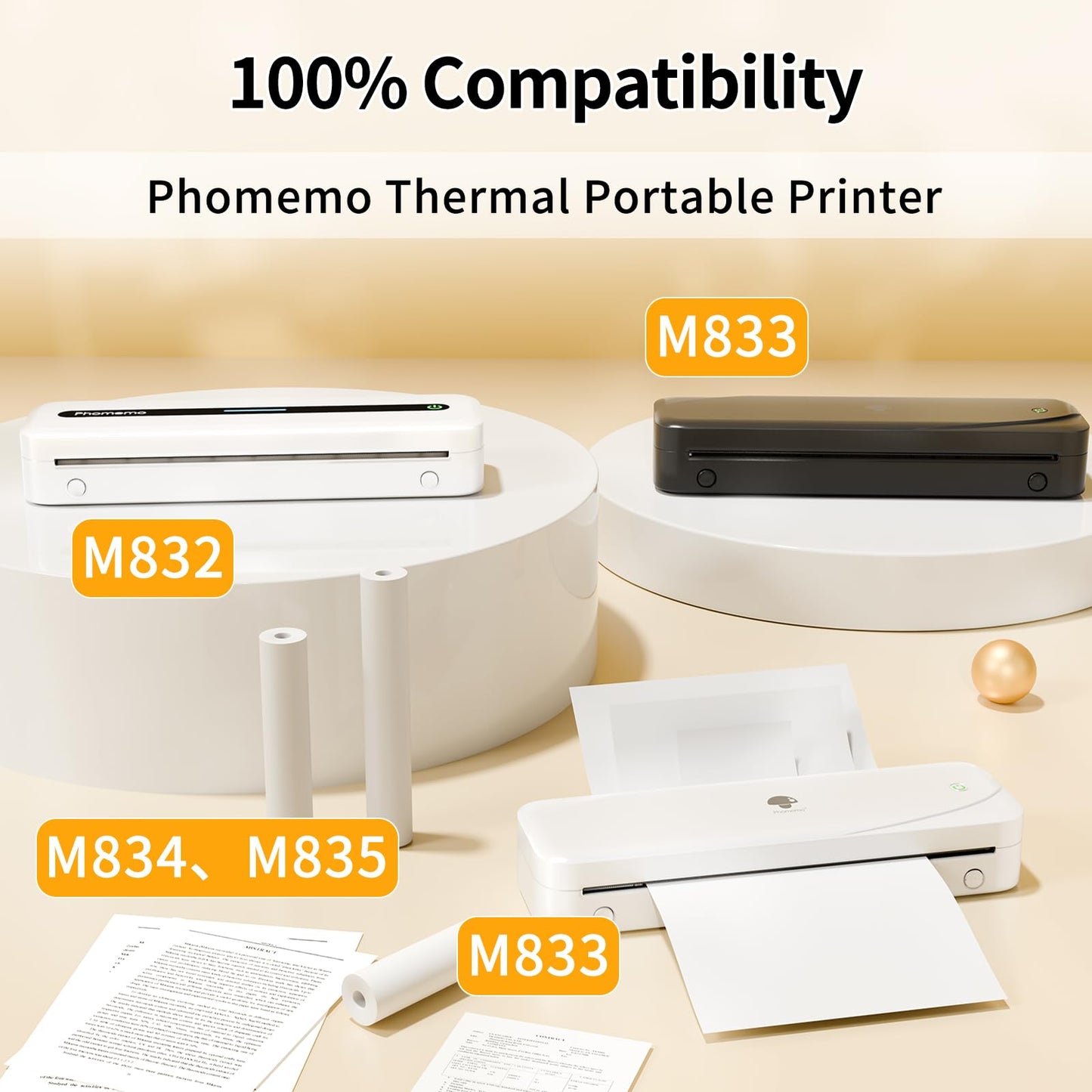 Phomemo US Letter Thermal Paper 8.5''x11'', M832 Quick-Dry Continuous Thermal Printer Paper, Compatible with M832/M833/M834/M835 Portable Printer,Documents,Text, Study Notes, 4 Rolls