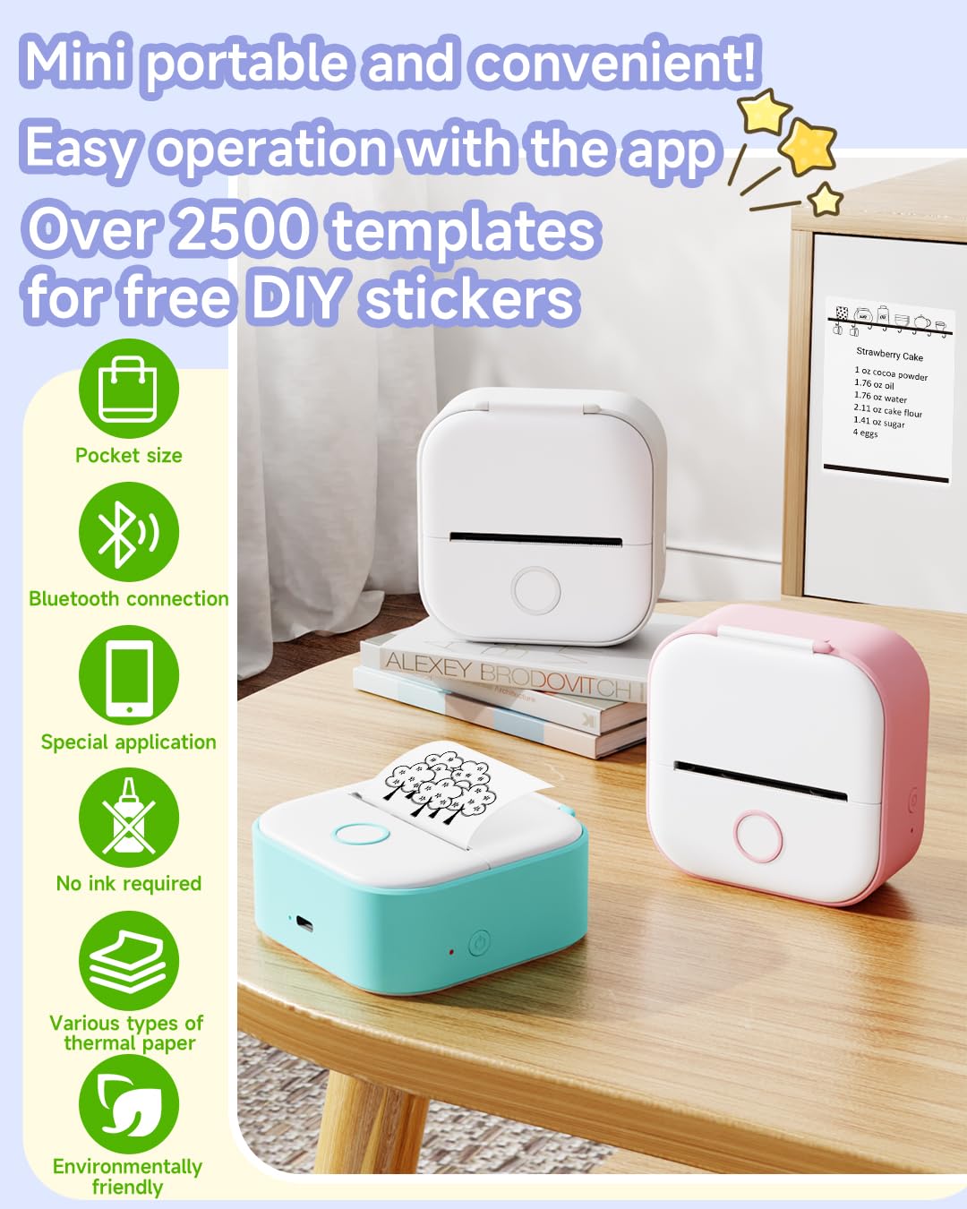 Phomemo Sticker Printer - T02 Portable Bluetooth Thermal Printer Label Maker - Mini Inkeless Sticker Maker Printer - Pocket Printer for Study Notes, Stickers, Photos, DIY Printing, White