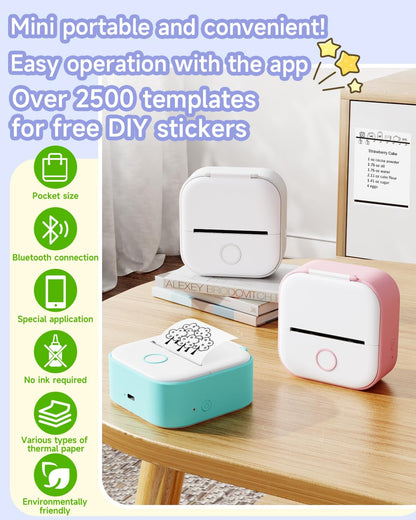 Phomemo Sticker Printer - T02 Portable Bluetooth Thermal Printer Label Maker - Mini Inkeless Sticker Maker Printer - Pocket Printer for Study Notes, Stickers, Photos, DIY Printing, White