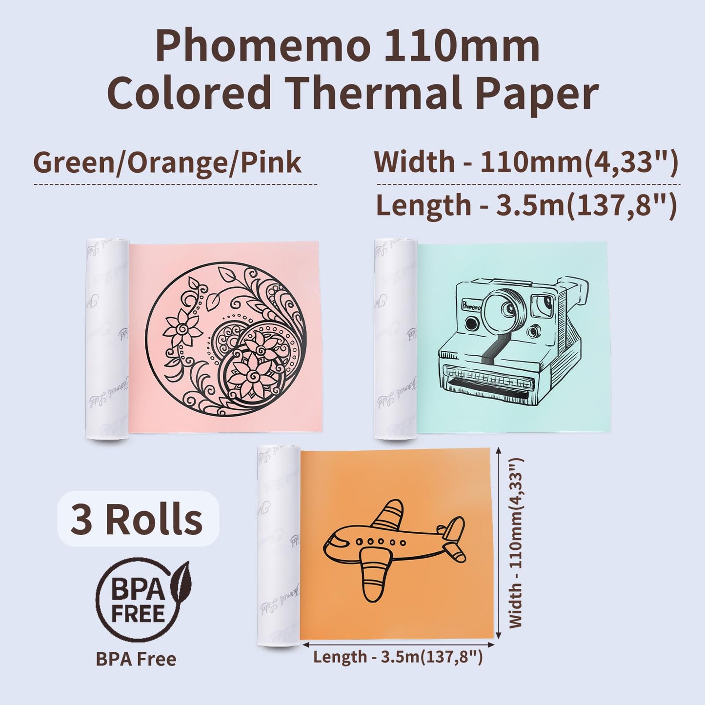 Phomemo 110mm Kolorowy papier do drukarek kieszonkowych M04S/M04AS, 3 rolki samoprzylepnego termicznego kolorowego papieru samoprzylepnego,110mm x 3,5m, 20-letnia gwarancja,Pomarańczowy/Zielony/Różowy