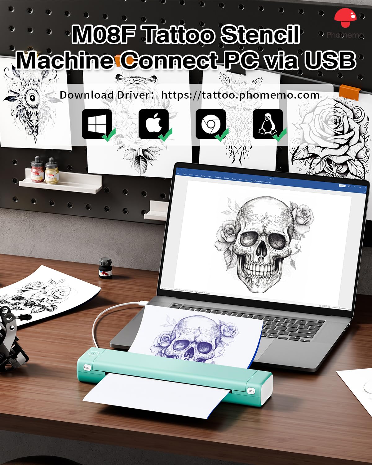 Phomemo Tattoo Stencil Printer, M08F Wireless Stencil Printer for Tattooing, Bluetooth Tattoo Printer Machine Compatible with Phone, iPad & PC, with 1 Case & Tattoo Transfer Paper
