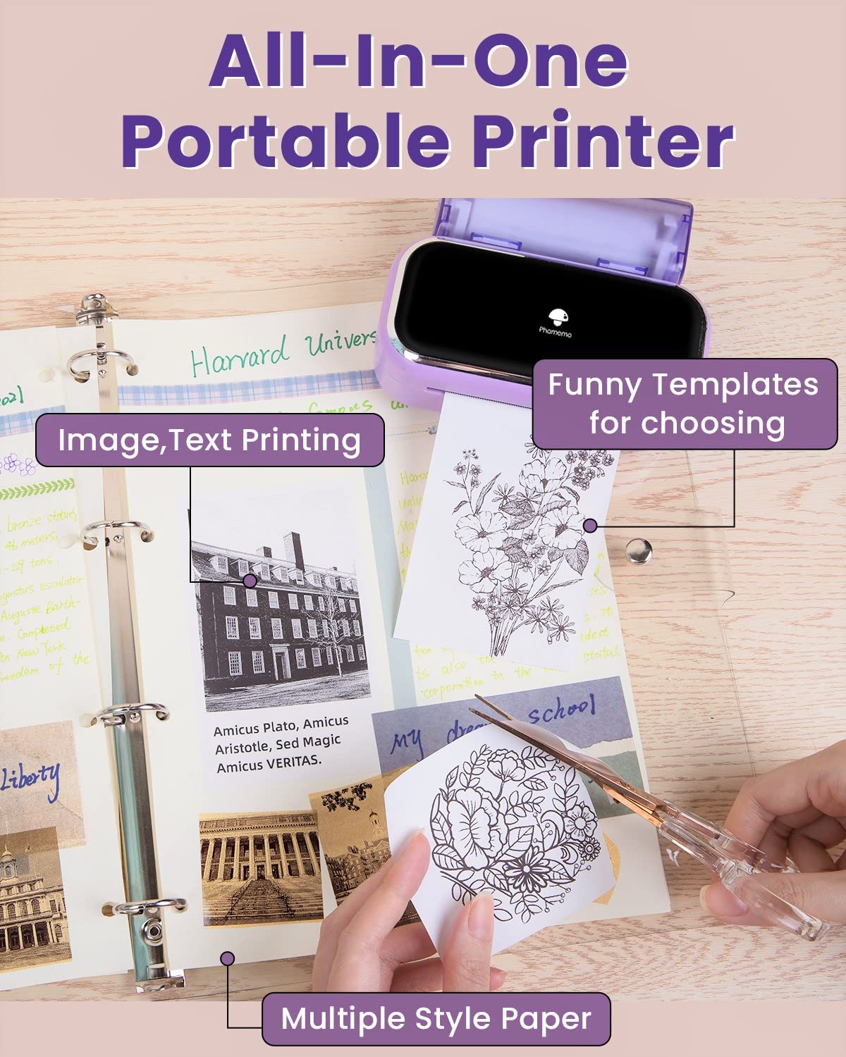 Phomemo M03 Mini Printer,3 Inches Portable Thermal Printer Bluetooth Sticker Printer 53/80mm Printing Width,Compatible with iOS&Android,Ideal, Images, Scrapbooking, Labels-Purple